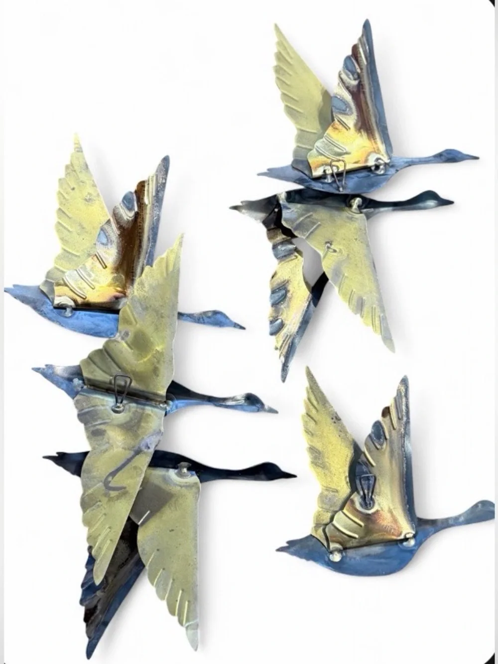 VTG 60s MCM Brutalist Mixed Metal Wall Art Set - 3 Flying Geese & 3 Oak Leaves